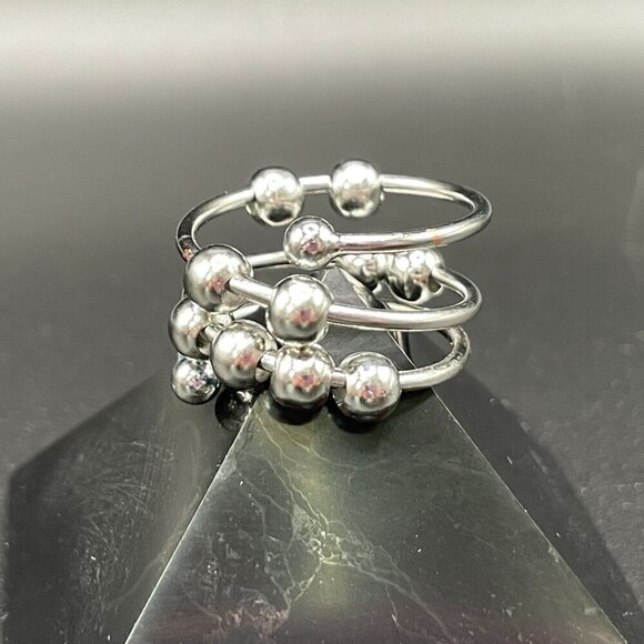 Boho Spiral Fidget and Anxiety Ring Floating Silver Tone Balls Adjustable #1362 - Picture 5 of 8